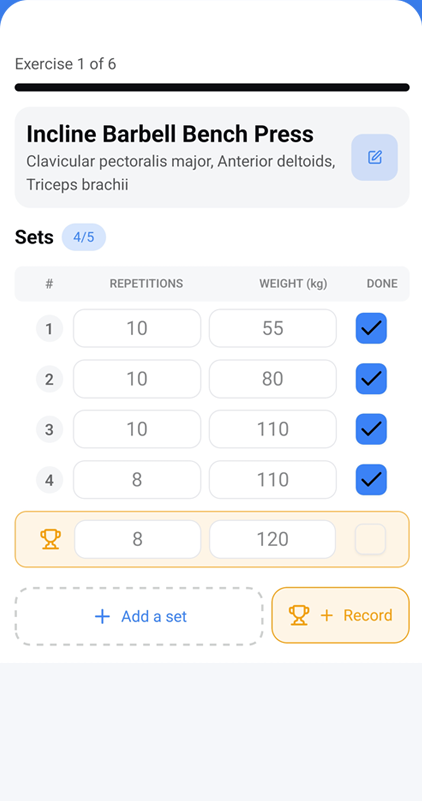 SetFrame workout logging screen