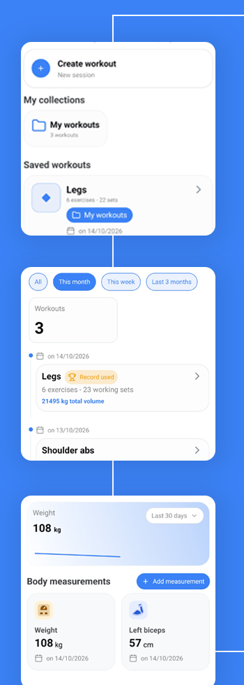 SetFrame workout, history, and body screens